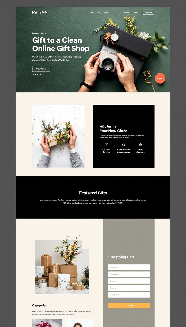 Create a simple, clean one-page online gift shop website design. It should feature a user-friendly layout with sections for featured gifts, categories, and a shopping cart.