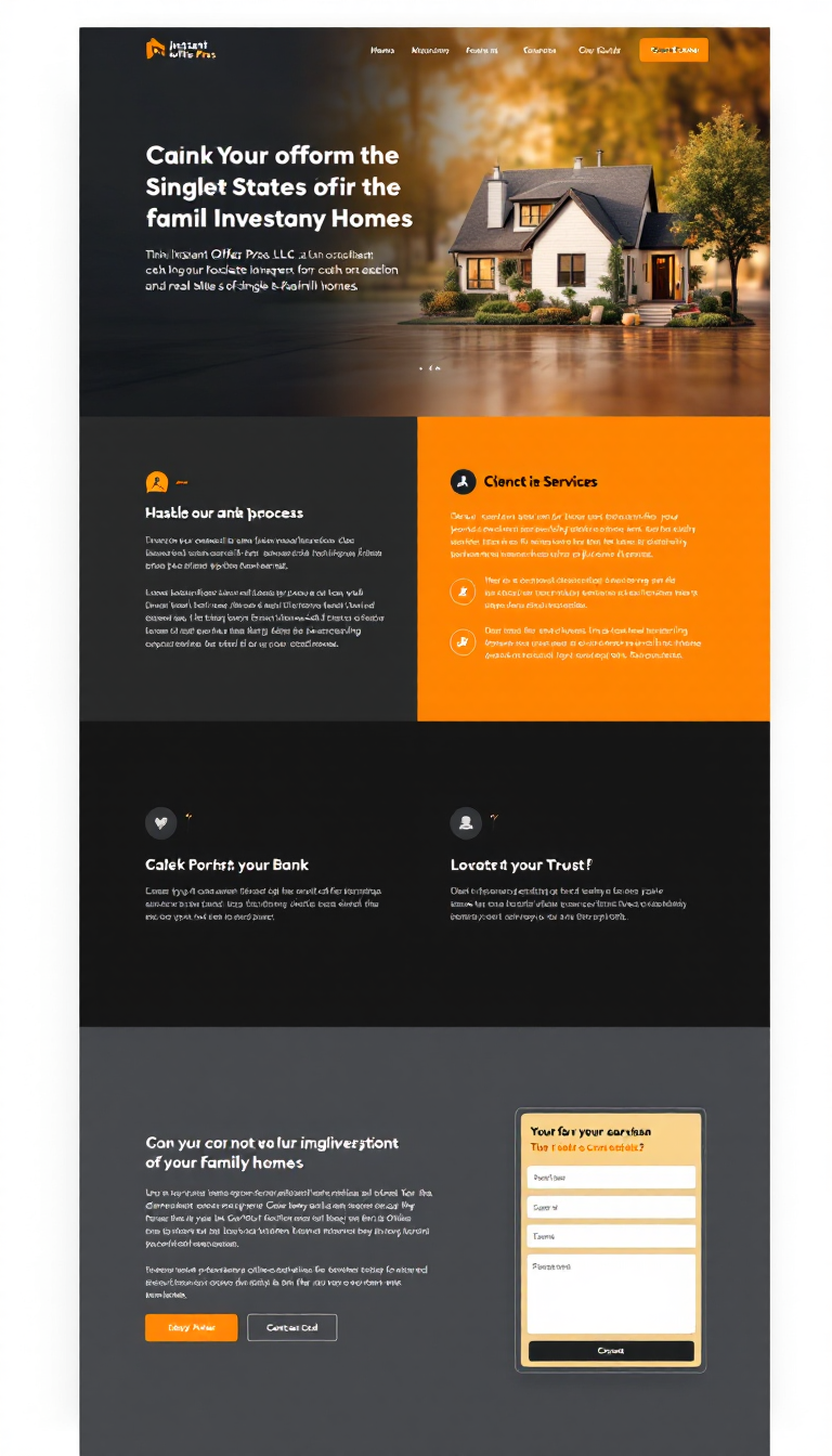 Design a clean, modern one-page website for "Instant Offer Pros, LLC," a real estate investment business focused on cash sales of single-family homes. The site should highlight a hassle-free process, with a prominent call-to-action, a brief overview of services, client testimonials, and a simple contact form, all emphasizing trust and speed.