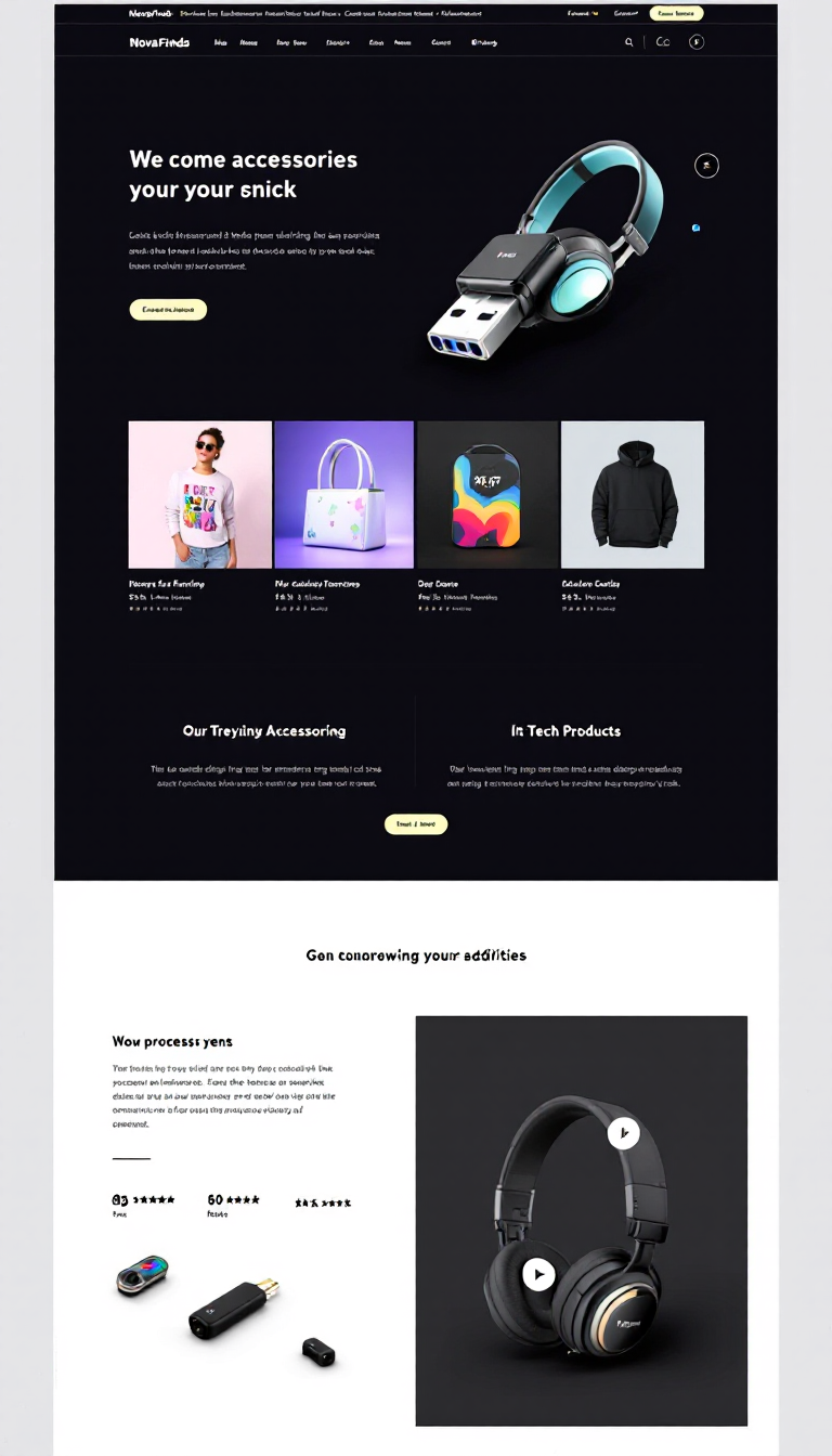 Design a sleek one-page website for NovaFinds.co.uk, a dropshipping store specializing in trendy accessories and tech products for a UK audience. Incorporate essential features like customer reviews, social media integrations, and smooth navigation using WooCommerce for an optimal user experience.