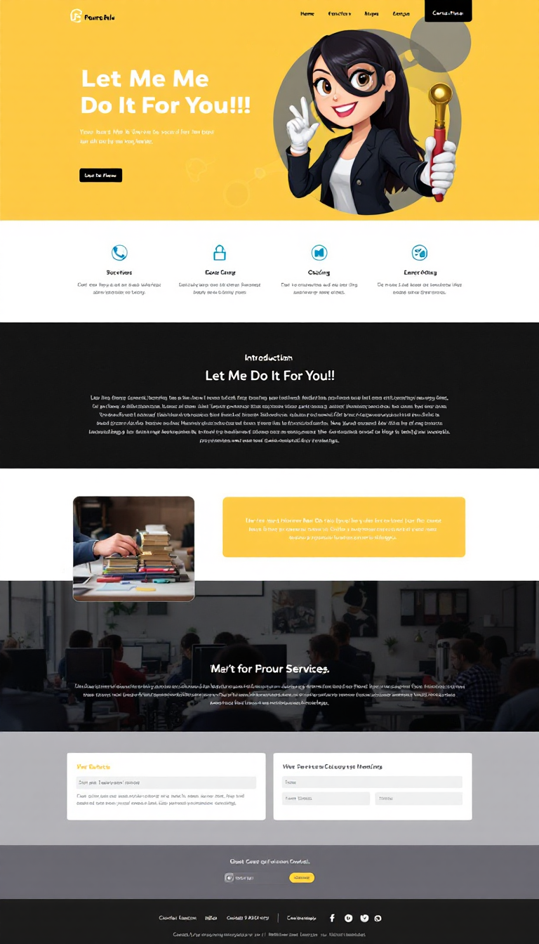 Design a simple, clean one-page website for "Let Me Do It For You!!!" that highlights its services and benefits, featuring a modern layout and eye-catching visuals. Include sections for a brief introduction, service offerings, and contact information.
