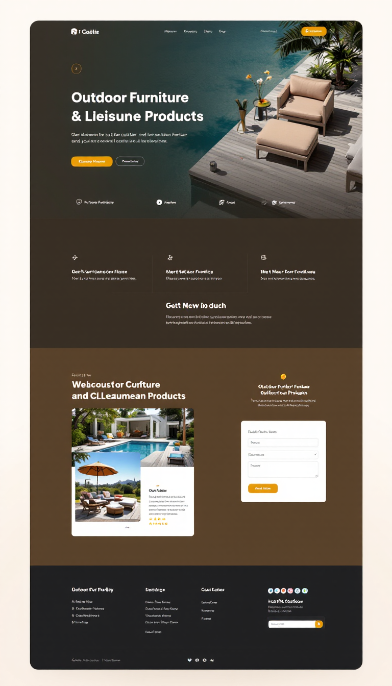 Create a simple, clean one-page website showcasing outdoor furniture and leisure products, emphasizing a modern, inviting design with vibrant images and easy navigation.