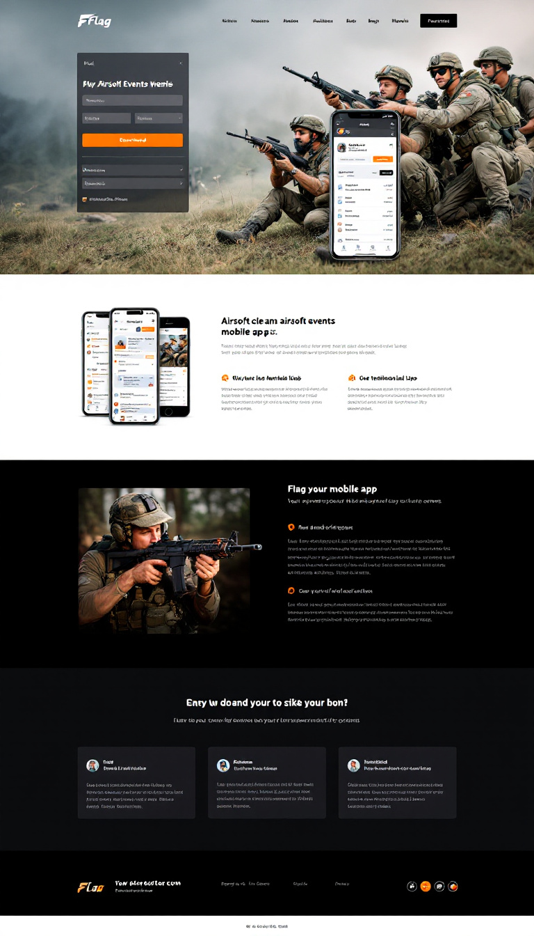 Design a simple and clean one-page website for an airsoft events mobile app called "Flag." The site should feature an engaging layout showcasing app features, user testimonials, and a call-to-action for downloads.