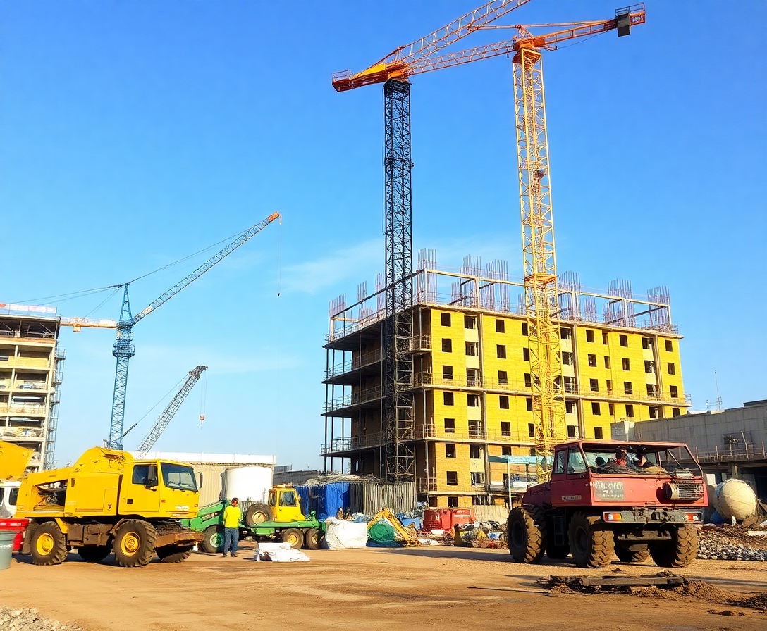 construction site with workers and machinery, showcasing the scale of projects peterch handles
