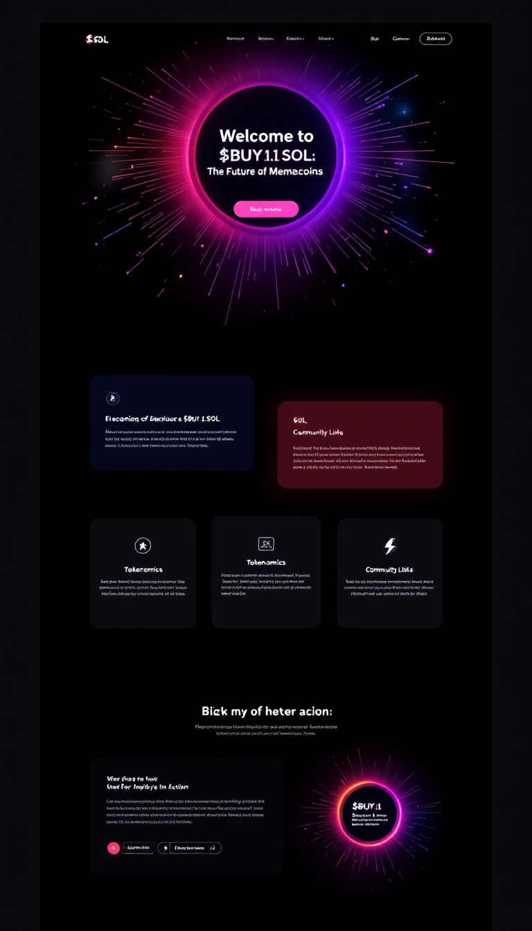 Design a sleek one-page website for the memecoin $BUY .1 SOL with a minimalistic and futuristic style. Use a dark mode background accented by neon colors inspired by SOL, featuring subtle animations and a bold title, 'Welcome to $BUY .1 SOL: The Future of Memecoins.' Include sections for About, Tokenomics, Community Links, and a Call-to-Action button, ensuring smooth scrolling, responsive design, and engaging hover effects.