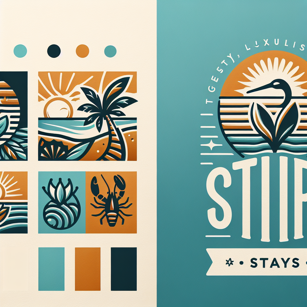 Simple "Hip Stays" Logo with tropical florida vibe. Logo should be trendy, luxury, and guest focused in tropical colors. Icons like Starfish, pelican, lobster, crab, sand dollar would be acceptable.