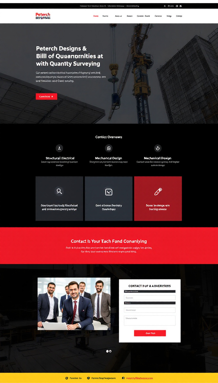 Create a simple and clean one-page website for "Peterch Designs & Bill of Quantities" showcasing their structural, electrical, and mechanical design services, along with quantity surveying. Include a contact section with WhatsApp details, service overviews, and social media links for Instagram and Facebook.