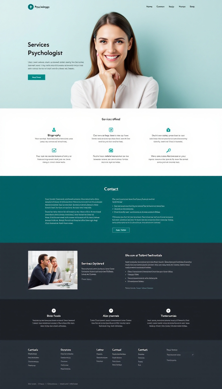 Design a clean and simple one-page website for a psychologist, featuring sections for services offered, a brief biography, contact information, and client testimonials. Use a calming color palette and intuitive layout.