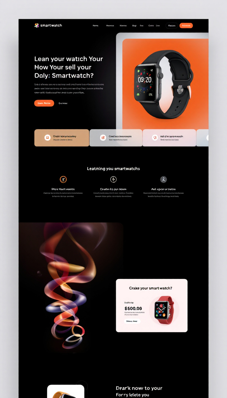 Create a sleek dark mode landing page to promote and sell a smartwatch, featuring an eye-catching design, product images, and a clear call-to-action.