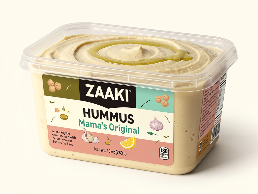 Create a high-quality, retail-ready product mockup of Zaaki “Mama’s Original” Hummus in a rectangle, transparent plastic container with a rectangle lid, suitable for U.S. grocery stores.
The design should feel warm, comforting, and joyful, inspired by home kitchens, family recipes, and shared tables. This is the anchor flavor — confident, nostalgic, and deeply rooted.
The word “HUMMUS” must appear clearly on the front label, alongside the flavor name “Mama’s Original.”
Include realistic FDA-required labeling elements (net weight, ingredients, allergen statement, nutrition facts panel placed on side or back), integrated subtly and professionally.
Use the Zaaki logo exactly as provided, bold and confident.
Color palette must strictly follow Zaaki brand colors:
Olive green #A7A838
Mint/teal #60C3AD
Rose pink #F37C90
Harissa orange #EC6542
Off-white #FFFDF9
Deep near-black #150F11
Illustrated elements should be simple and graphic — chickpeas, olive oil drips, garlic, lemon and abstract kitchen marks — no decorative patterns or photorealistic ingredient collages.
The hummus inside is visible: smooth, creamy, and pure, topped with a light olive oil swirl.
Overall vibe:
Comfort food energy
Honest, unfussy, and made with love
Feels like the hummus you grew up eating — but cooler
Lighting is clean and natural. Final image should feel shelf-ready, trustworthy, and unmistakably Zaaki.