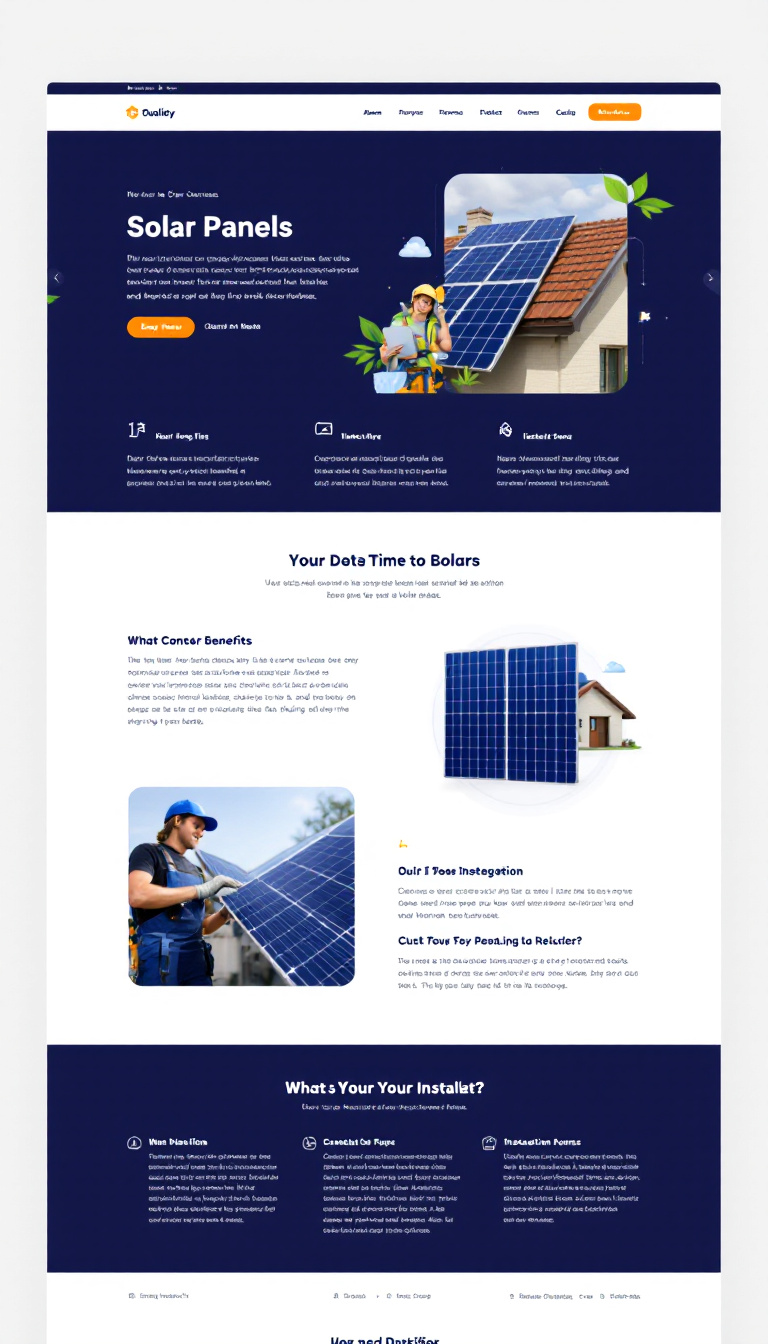 Design a simple, clean one-page website for solar panels, highlighting their benefits, features, and installation process. Include a modern layout with engaging visuals and a clear call to action for potential customers.