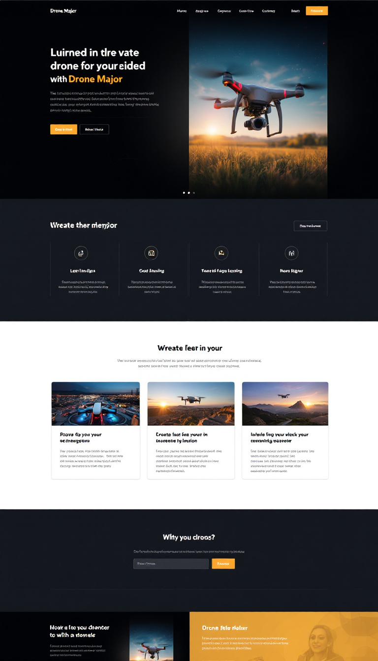 Create a one-page website inspired by the Drone Major design, featuring a similar layout and color scheme. Focus on appealing to tech-savvy individuals interested in technology and drones.
