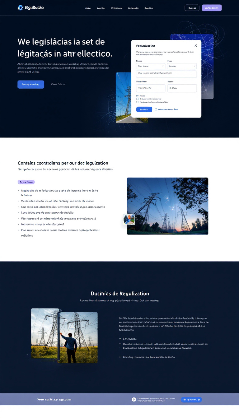 Crie um site simples e clean para busca de legislações do setor elétrico, que também ofereça apresentações e documentos explicativos. A plataforma deve ser voltada para conteúdo regulatório, com um design intuitivo.