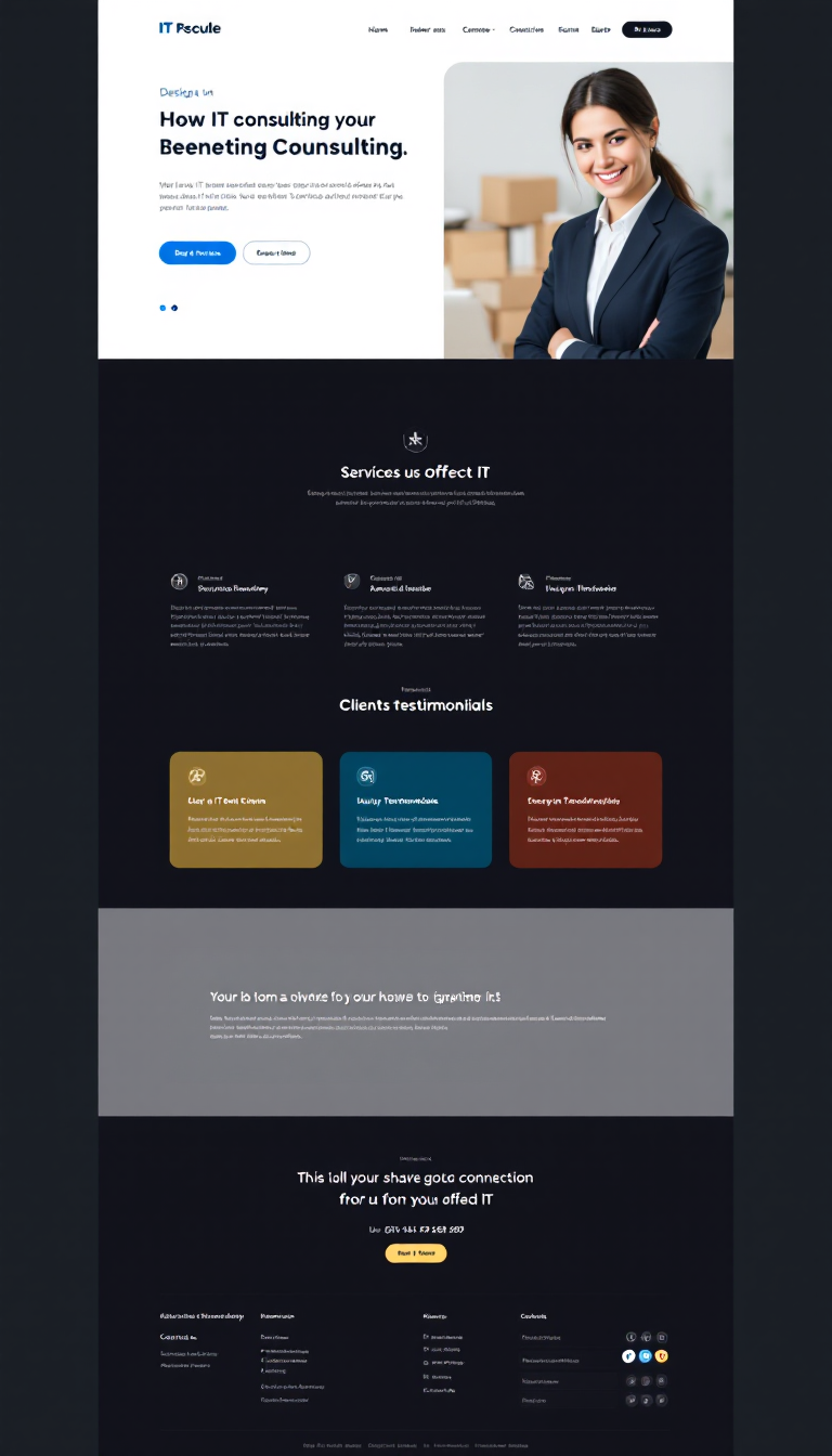 Design a simple and clean one-page website for an IT consulting business, showcasing services offered, client testimonials, and contact information. Focus on a professional and modern aesthetic.