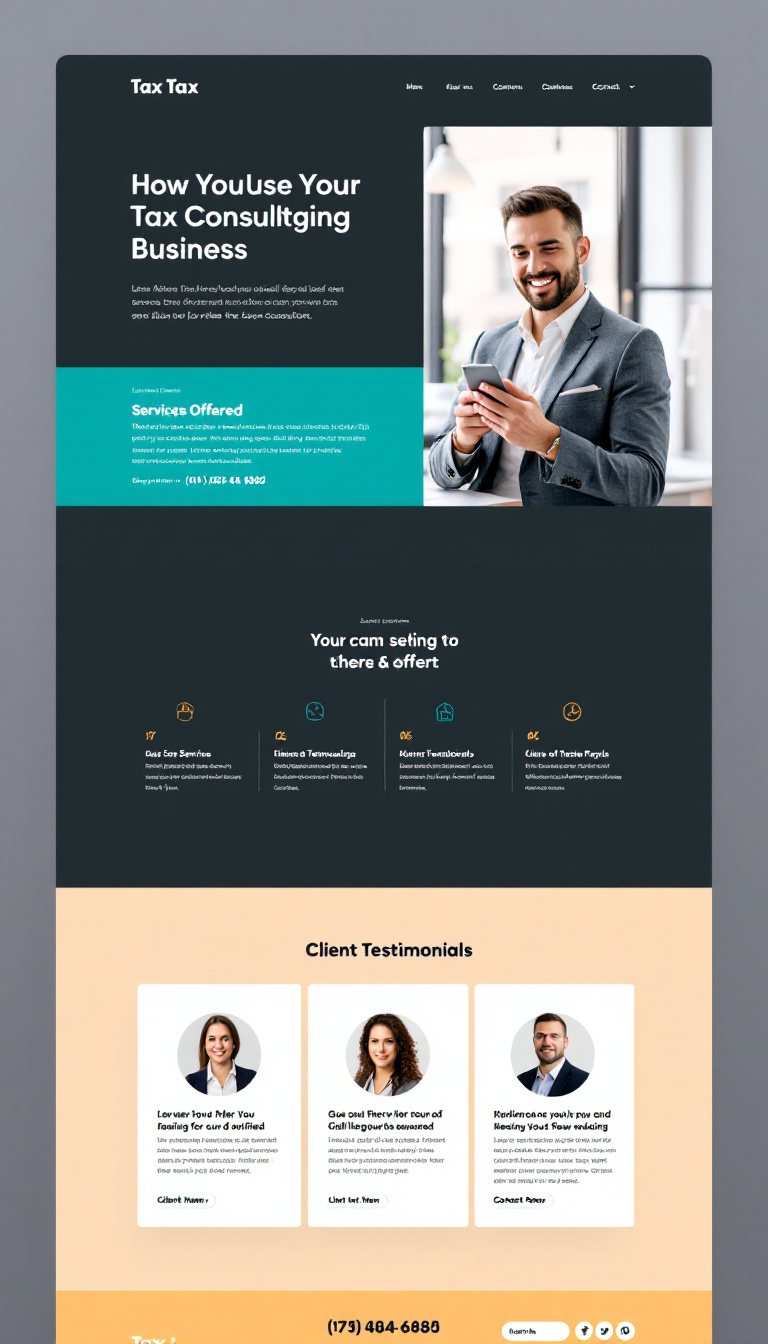 Design a simple, one-page website for a tax consulting business. The layout should be clean and professional, highlighting services offered, client testimonials, and contact information.