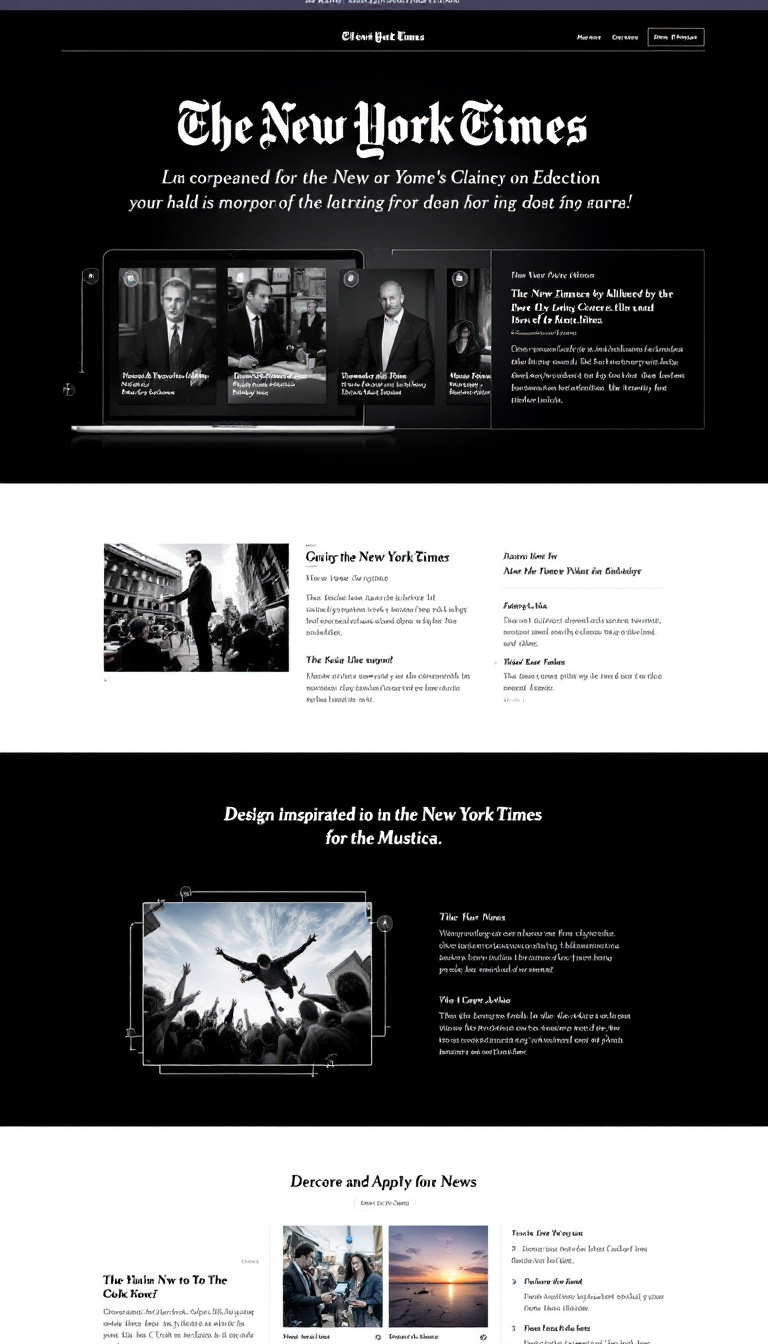 Design a simple and clean one-page website inspired by the New York Times, featuring a modern layout, engaging typography, and sections for news, articles, and multimedia content. Focus on a professional aesthetic with a user-friendly navigation interface.