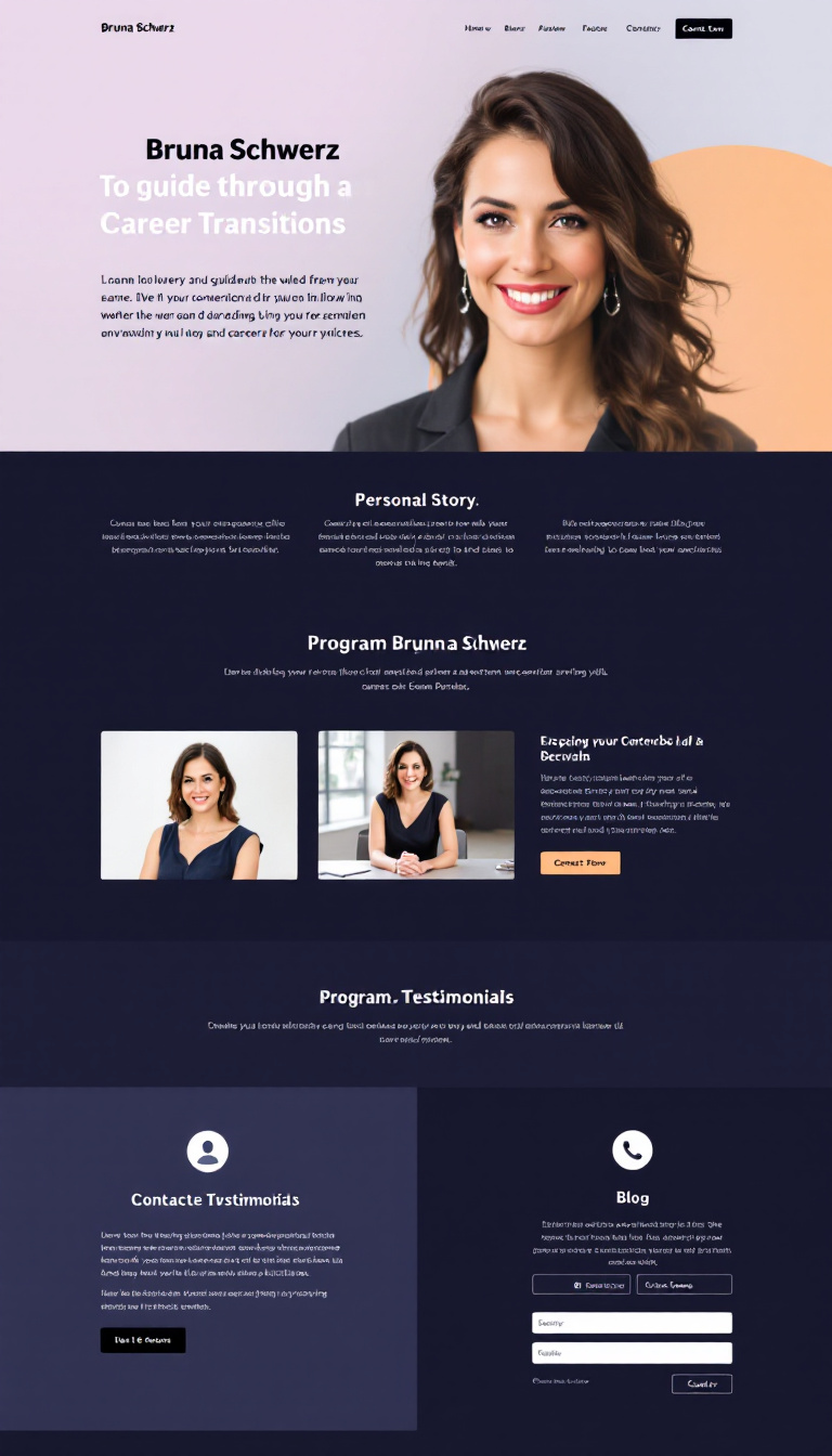 Create a professional one-page website for Bruna Schwerz, a mentor focused on guiding women through career transitions. The site should showcase her expertise, mission, and services, incorporating a captivating hero section, personal story, program details, testimonials, a blog, and a contact form, all designed with an empowering color palette and modern typography.