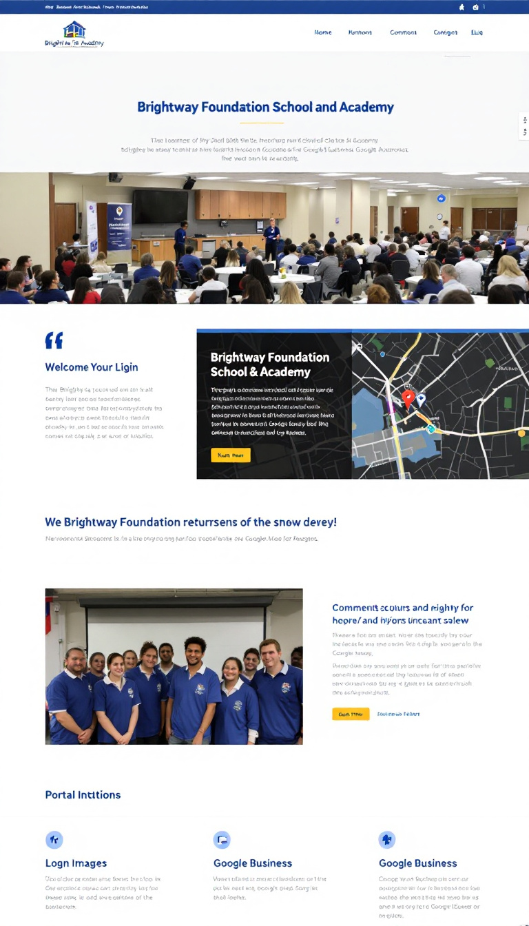 Create a simple one-page website for Brightway Foundation School and Academy featuring a prominent portal login button, event images, a map location, and displayed comments from Google Business.