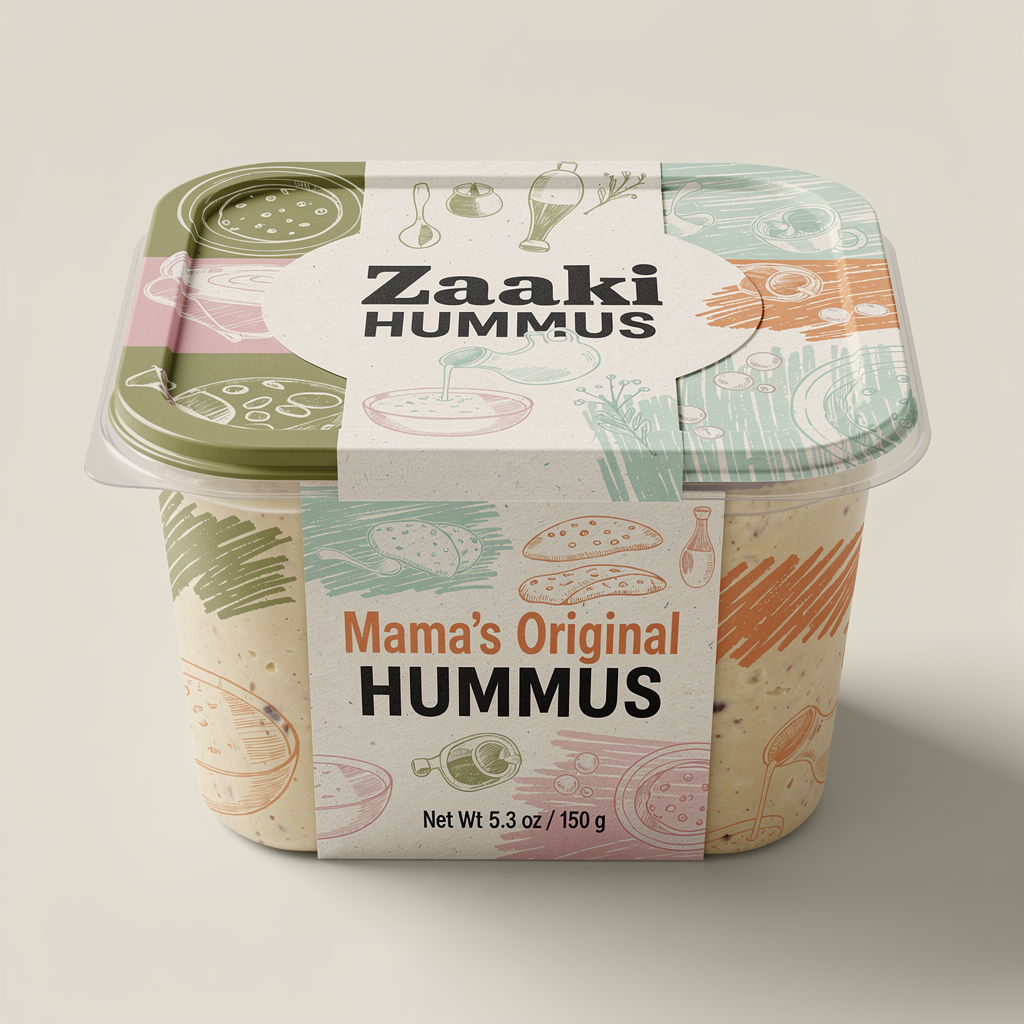 Generate a retail-ready hummus packaging mockup for Zaaki that is fresh, bold, and uniquely rooted in Palestinian and Levant culture — not cute or generic but expressive, contemporary, and undeniably memorable.
The package must be a square, transparent plastic container with a square lid, suitable for grocery shelves. Feature the Zaaki logo exactly as provided prominently on the lid and front label.
Include the word “HUMMUS” clearly on the front panel near the flavor name (e.g., “Mama’s Original HUMMUS,” “Baba’s Bahji HUMMUS,” “Yalla Pesto HUMMUS”).
Use the Zaaki brand color palette only:
Olive green #A7A838
Mint/teal #60C3AD
Rose pink #F37C90
Harissa orange #EC6542
Off-white #FFFDF9
Deep near-black #150F11
Design style direction:
Back to Your Roots: Integrate subtle cultural cues from Palestinian food and communal table traditions as expressive shapes, symbols, or sketch-like marks — not decorative ornaments.
Hand-drawn, imperfect lines: Add illustration elements that feel human and handcrafted (e.g., bold scribbles, abstract ingredient strokes, playful icons) to convey warmth and personality.
Bold shapes & type: Use clear, confident typography with strong hierarchy for flavor names and product descriptors, creating standout shelf impact.
FDA/retail compliance: Include authentic, realistic label elements integrated professionally:
Net weight (e.g., “Net Wt 5.3 oz / 150 g”)
Nutrition Facts panel on a side/back label
Ingredients list and allergen statement (“Contains: Sesame”)
These should be believable and properly placed, not decorative.
Illustration constraints:
Avoid tiled Mediterranean patterns, ornamental mosaics, or decorative borders unrelated to the brand story.
Avoid realistic photography of ingredients.
Instead, use abstract graphic language that conveys community, sharing, warmth, and Levant kitchen energy.
Texture & finish suggestions (if specifiable): If possible, simulate a matte label with tactile ink on key elements like the Zaaki logo or flavor name for premium feel.
Overall vibe:
Confident, joyful, expressive
Human and handmade in spirit
Rooted in Palestinian table culture
Modern design that pops on shelf
Lighting and staging: Clean, well-lit studio product render with natural shadows and visible hummus inside — the hummus should look creamy and fresh.