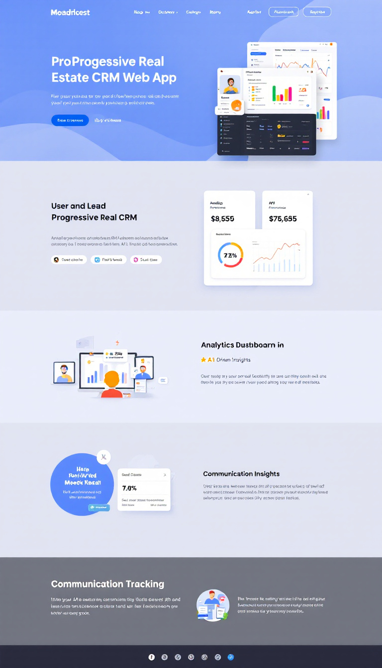 Create a simple one-page website for a Progressive Real Estate CRM Web App. It should feature a user-friendly layout showcasing its key functionalities such as user and lead management, analytics dashboard, and API integrations, with an emphasis on AI-driven insights and communication tracking.