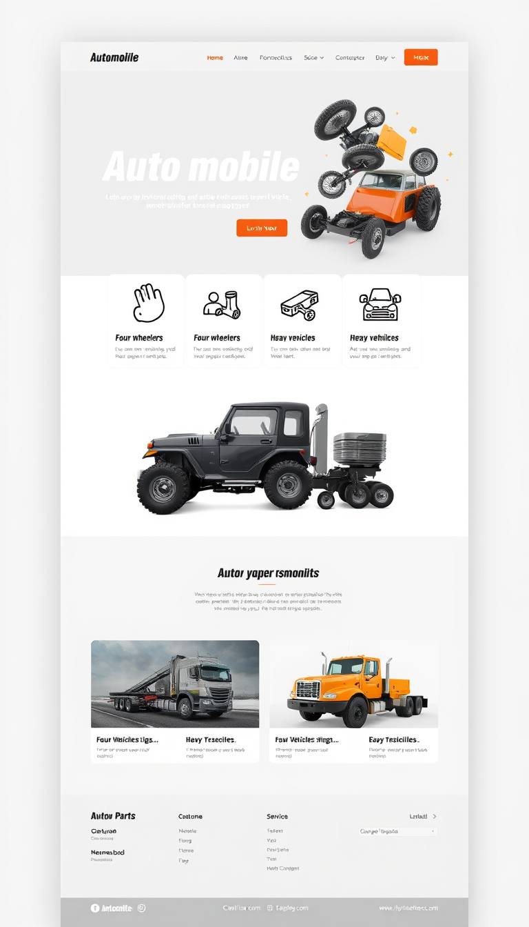 Design a website for an "Automobile Store" that offers auto parts and services for four-wheelers and heavy vehicles. Include sections for product listings, service details, and customer testimonials.