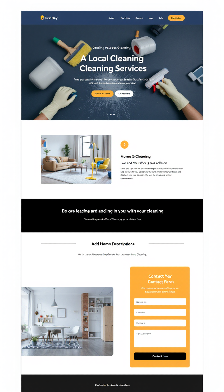 Create a modern one-page website for a local cleaning services business. Include service descriptions for home and office cleaning, and add a contact form for inquiries.