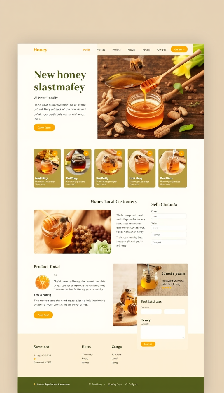 A one-page website for selling honey, targeting local customers. The design should feature a warm and inviting color palette, showcasing product listings of different types of honey. It should include sections for online ordering, product descriptions, and a contact form. The overall design should evoke a natural and organic feel, emphasizing the artisanal quality of the honey.