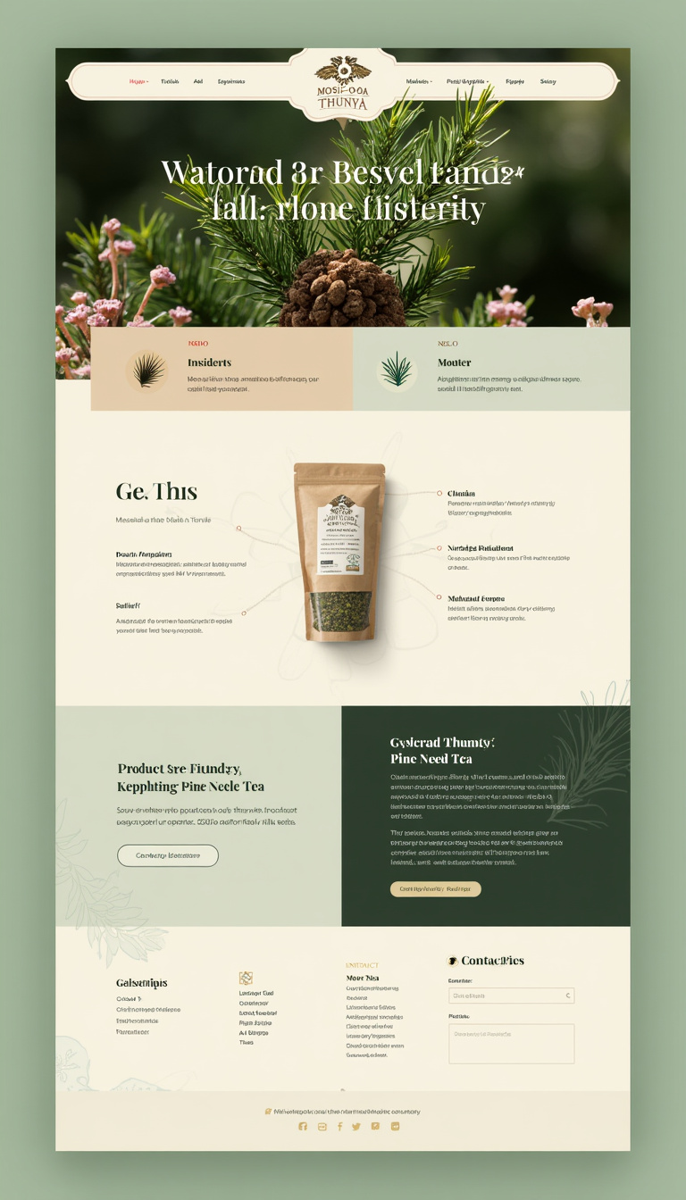 Design a clean and simple one-page website for Mosi-O-Oa-Thunya Pine Needle Tea, showcasing the product with an inviting layout and essential information such as benefits, ingredients, and contact details. Include a calming color palette that reflects nature.
