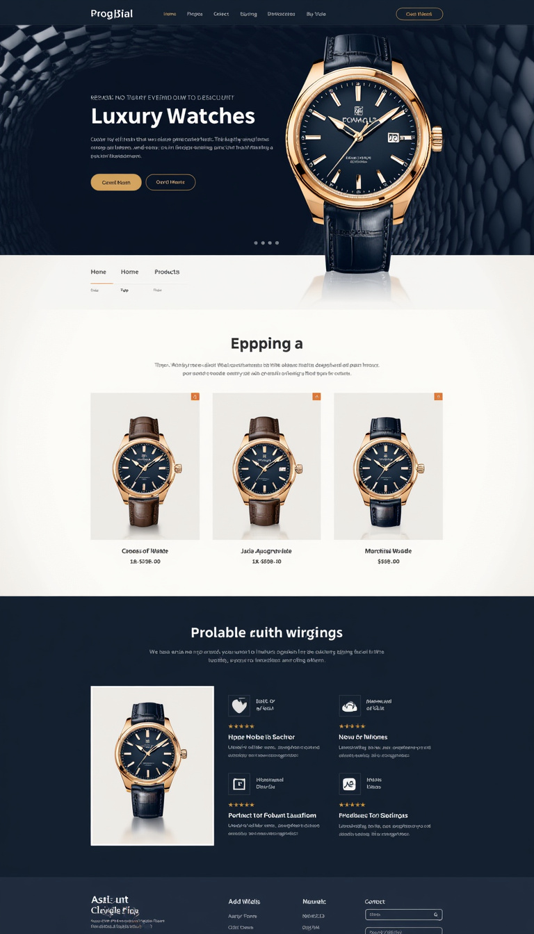 Create a sleek one-page landing website focused on luxury watches. The design should feature a dark blue navigation bar with white text, a hero section showcasing a high-resolution watch image against a premium backdrop, and a clean product grid with minimalist product details. Use elegant serif fonts for headings, gold accents for highlights, and ensure the layout is responsive with engaging hover effects. Add a contact form and newsletter subscription in the footer.