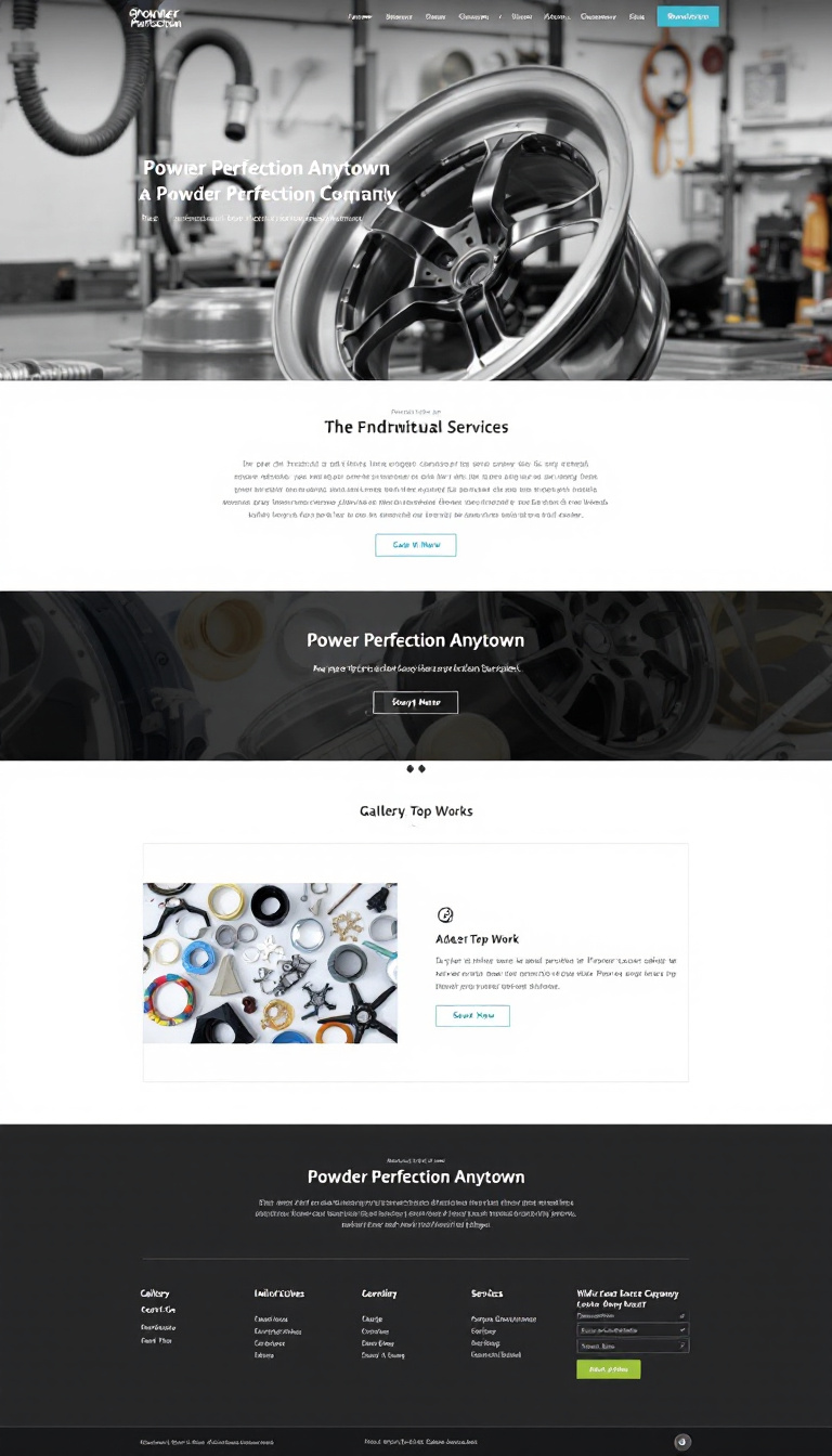 Design a one-page website for 'Powder Perfection Anytown', a local powder coating company in Anytown, NJ. The site should have a light color scheme, an engaging and professional layout, a gallery of top work, and a clear overview of services to attract individual consumers.