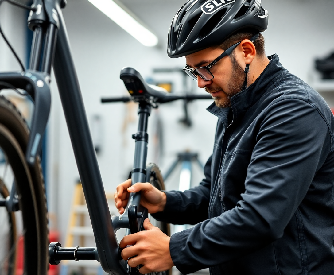 técnico realizando manutenção em bicicleta profissional