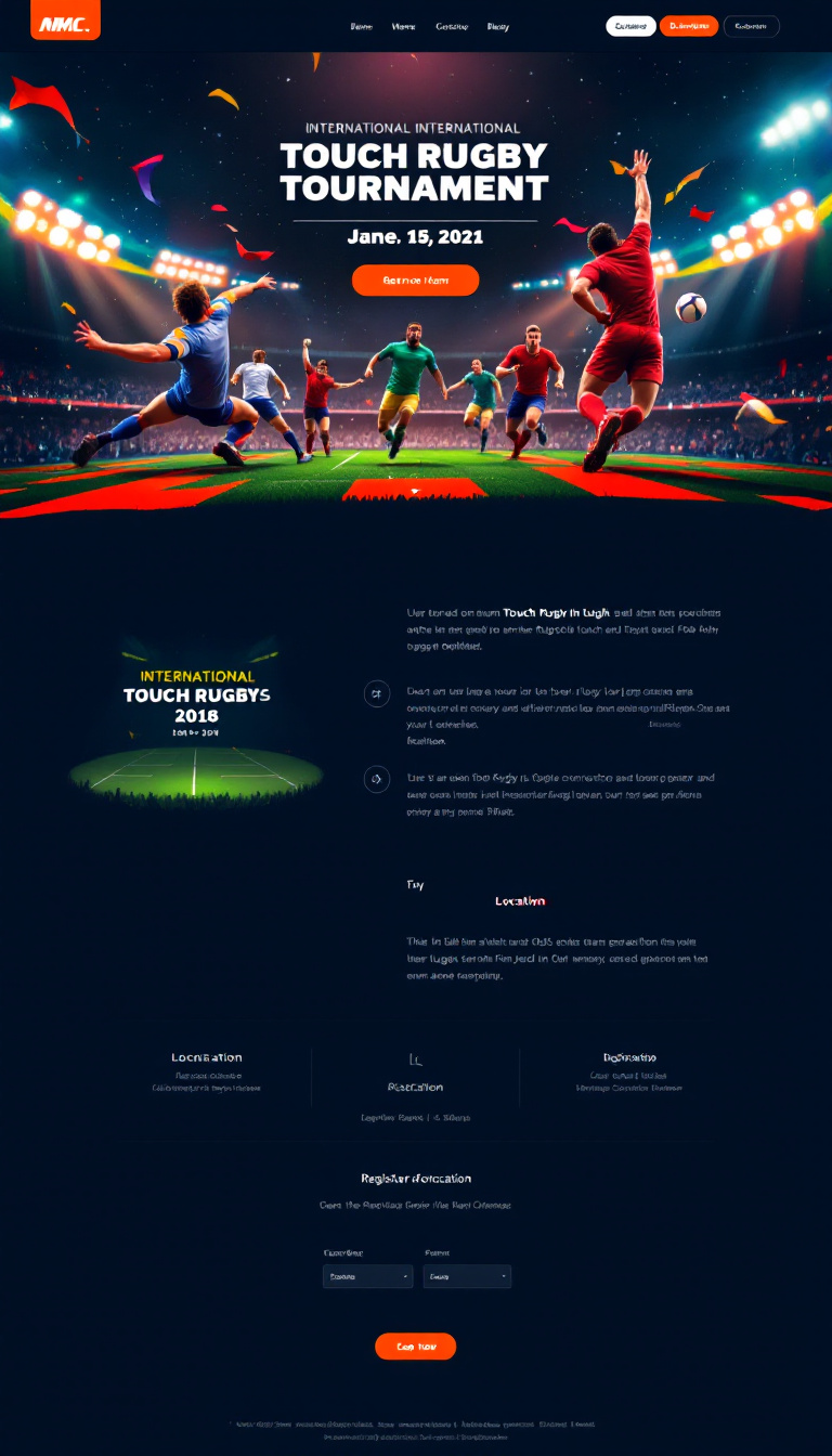 Design a simple one-page website to announce an international touch rugby tournament, featuring key details like the date, location, registration information, and a catchy headline. Use vibrant colors and sports-themed visuals for an appealing look.