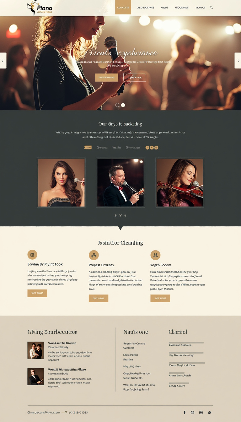Design a clean, one-page website for a vocal and piano performer specializing in private events. The layout should highlight their services, showcase their experience, and include contact information.