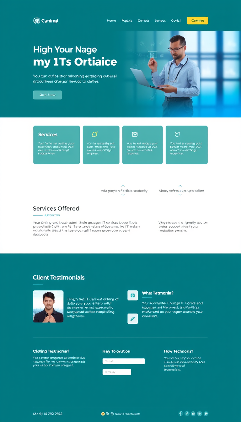 Design a clean and modern one-page website for my IT consulting services, featuring a professional layout with sections for services offered, client testimonials, and contact information. The site should have a tech-focused color scheme and user-friendly navigation.