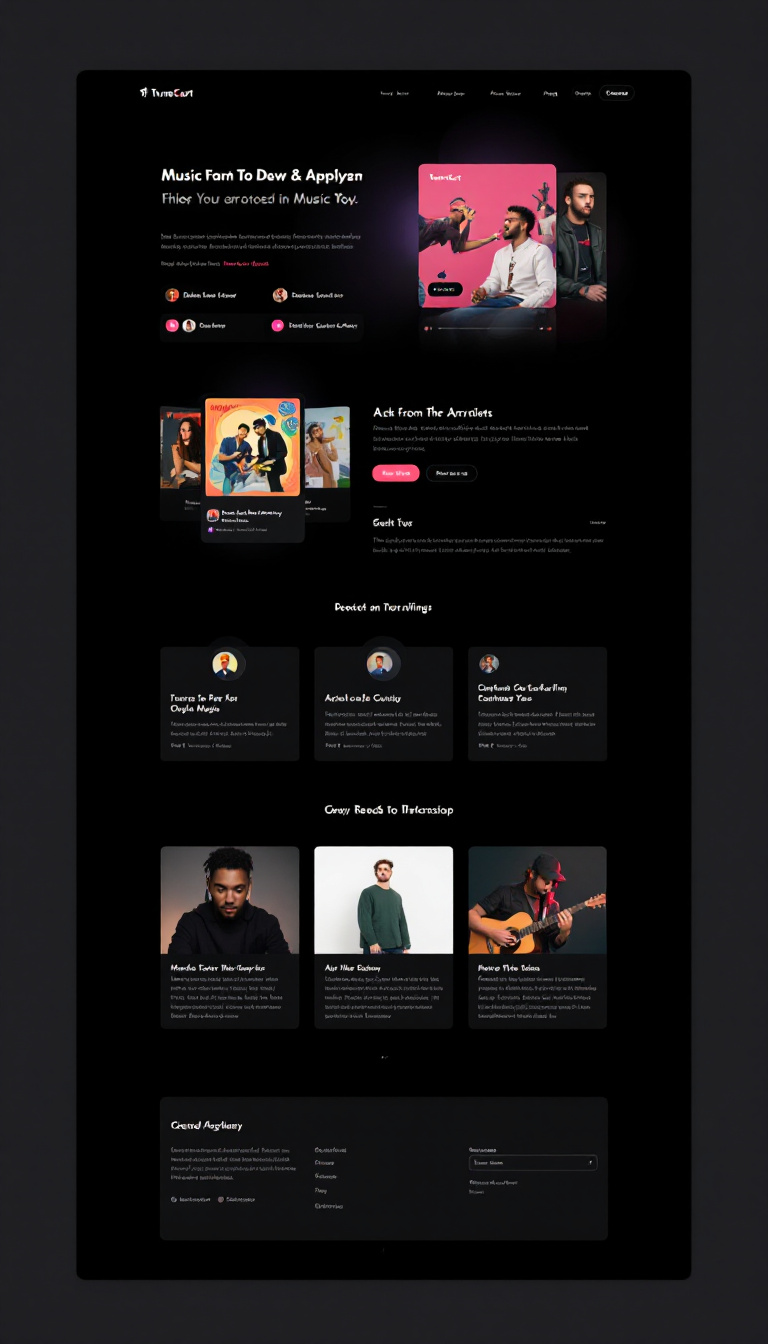 Create a clean and modern one-page website for TuneCart, a platform for music artists to create profiles, showcase artwork, and sell their music. The design should include features like music streaming and credit card purchasing options, inspired by Bandcamp, ensuring an engaging experience for artists and audiences alike.