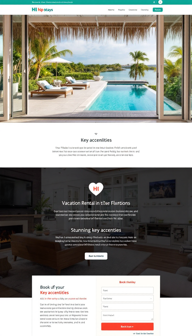 Design a simple and clean one-page website for a vacation rental in the Florida Keys called "Hip Stays." Showcase stunning visuals of the property, key amenities, and a booking section.