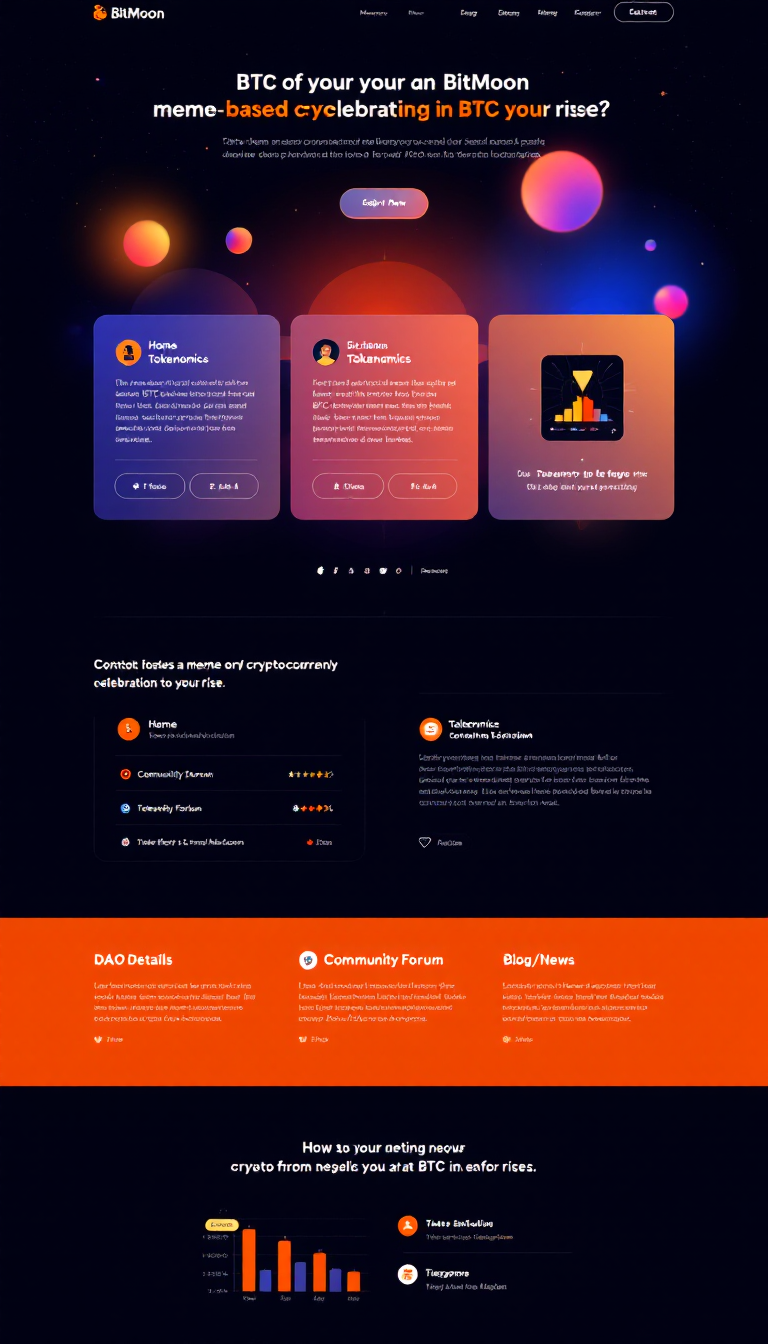 Design a one-page website for BitMoon, a meme-based cryptocurrency celebrating BTC’s rise. Use a dark theme with neon accents and include sections for Home, Tokenomics, DAO Details, Community Forum, and Blog/News. Incorporate interactive features like a token distribution chart and a voting mechanism, plus links to Twitter and Telegram in the footer, targeting crypto enthusiasts and meme coin fans.