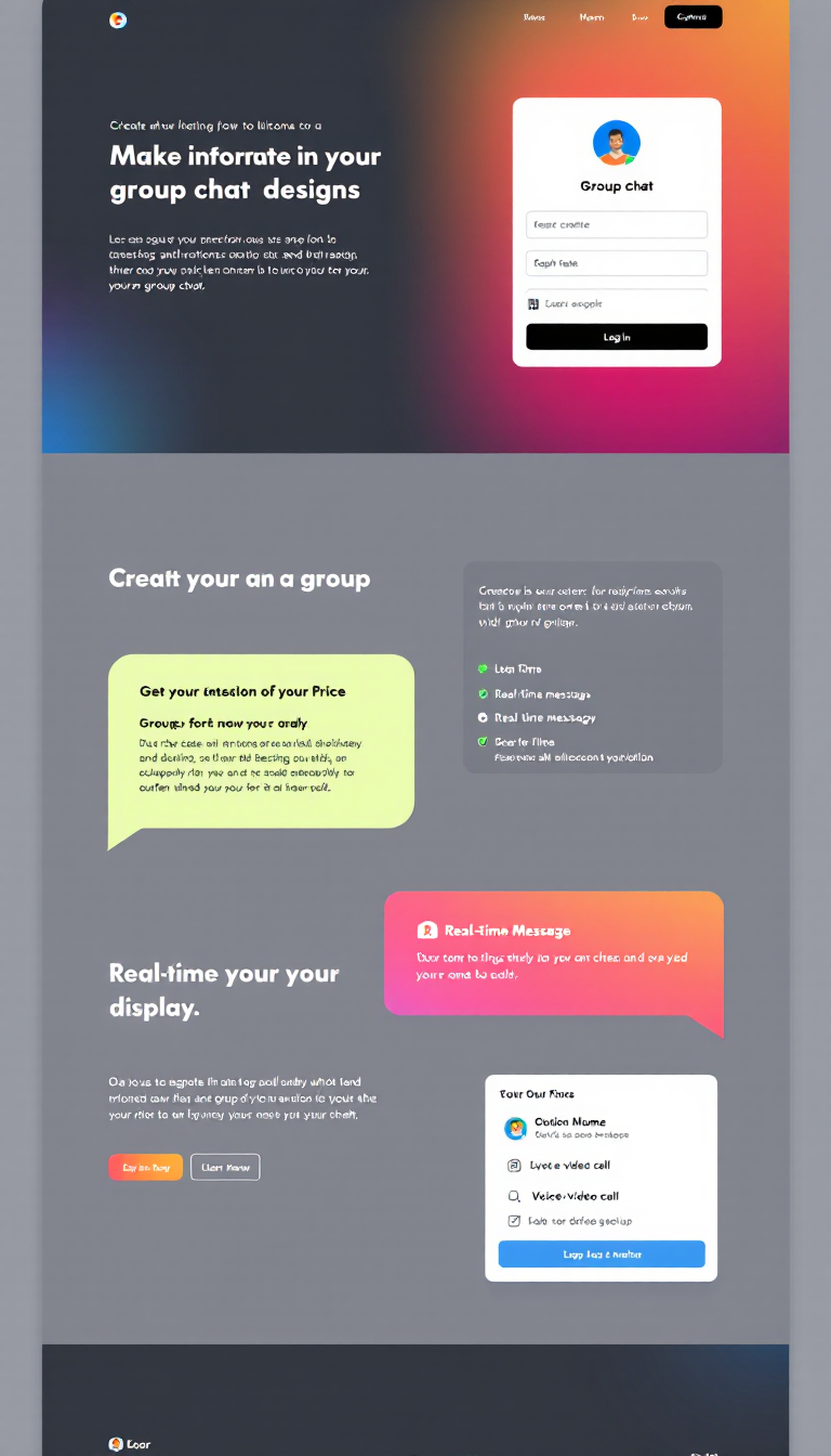Create a simple one-page website design for a user authentication and group chat platform. The layout should feature user registration and login forms, options for group creation with a profile picture, real-time message display, and voice/video call functionalities, all presented in a clean and minimalistic style for an intuitive user experience.