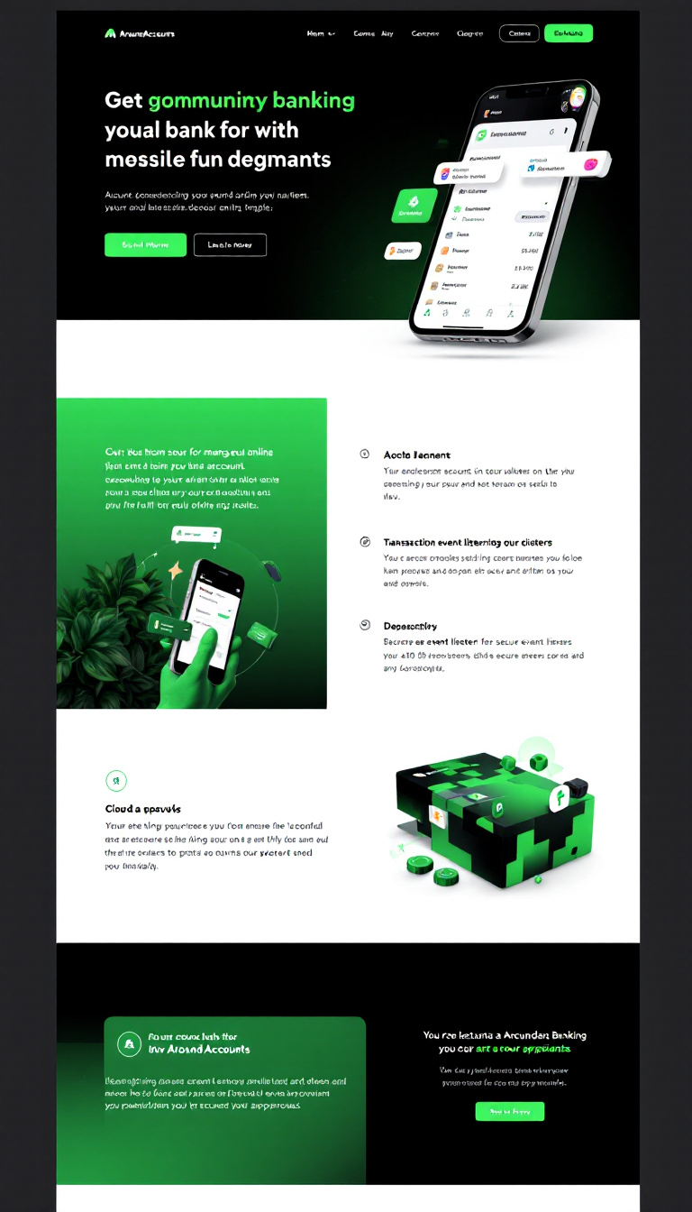 Design a one-page website for AroundAccounts, emphasizing online banking features like account management, deposits, and withdrawals. Use a modern black glass theme with a green hue, ensuring mobile responsiveness and incorporating transaction event listeners for secure payments and approvals.