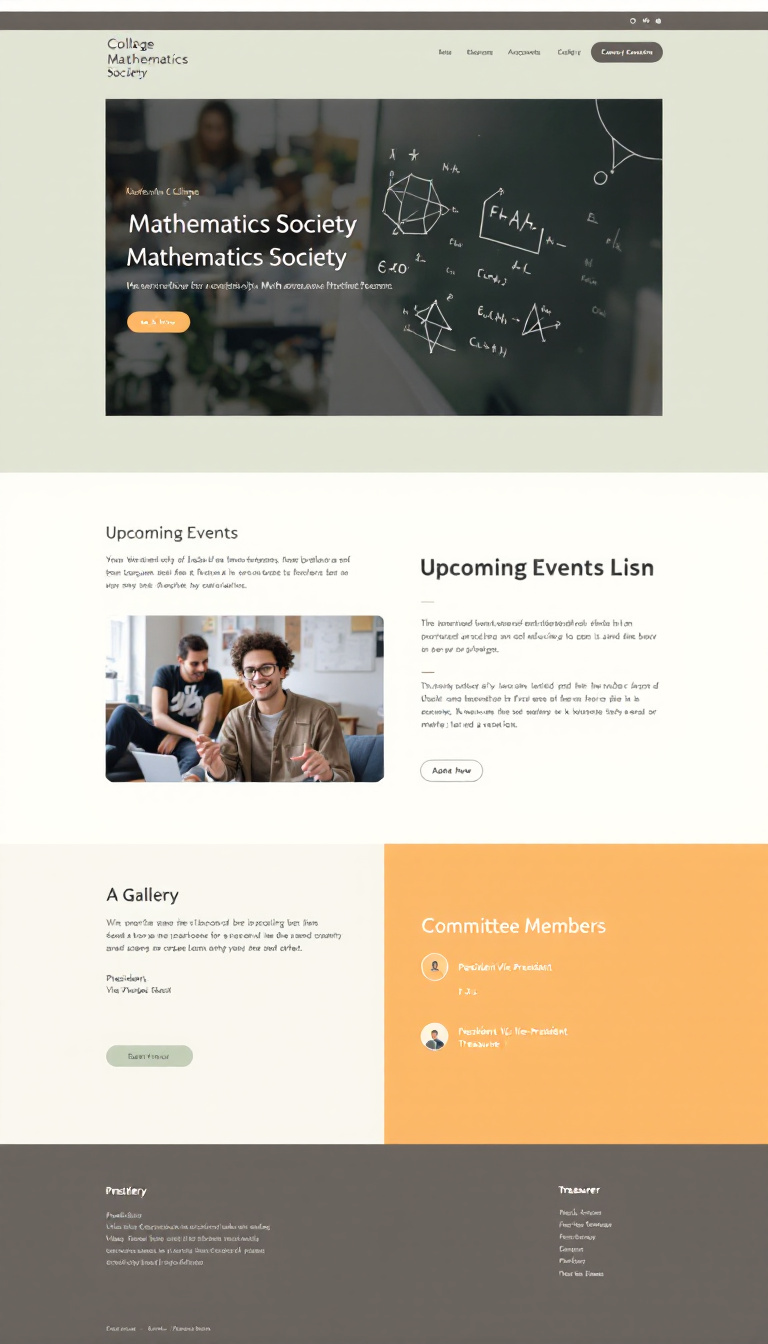 Design a clean one-page website for a college mathematics society featuring sections for upcoming events, member listings, a gallery, and committee members including positions like president, vice-president, and treasurer.