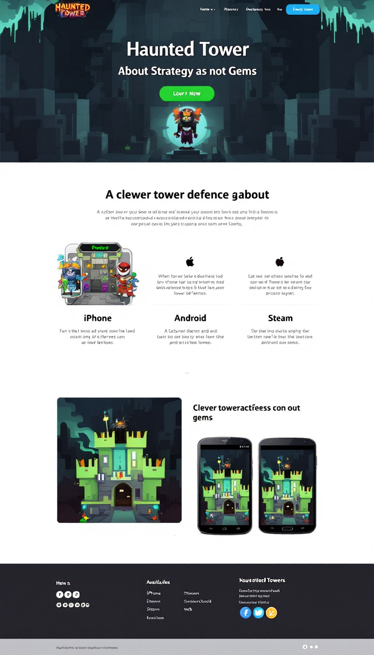 Design a one-page website for the game "Haunted Tower," a 2D top-down tower defense game. It should highlight its availability on iPhone, Android, Steam, and web, with the tagline: "A clever tower defense game about Strategy and not Gems."