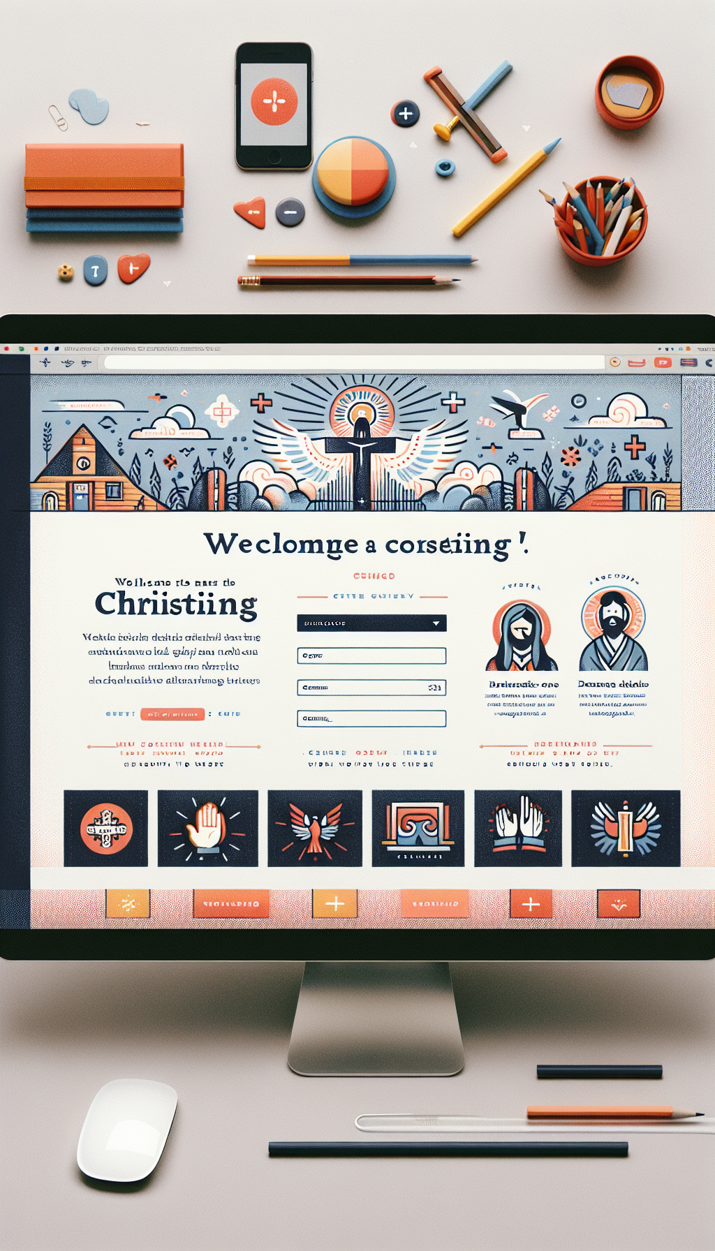 Un sitio web atractivo y moderno para una consultoría cristiana, incluyendo secciones de bienvenida, formulario, donaciones, galería de imágenes y videos, con un diseño amigable y espiritual.