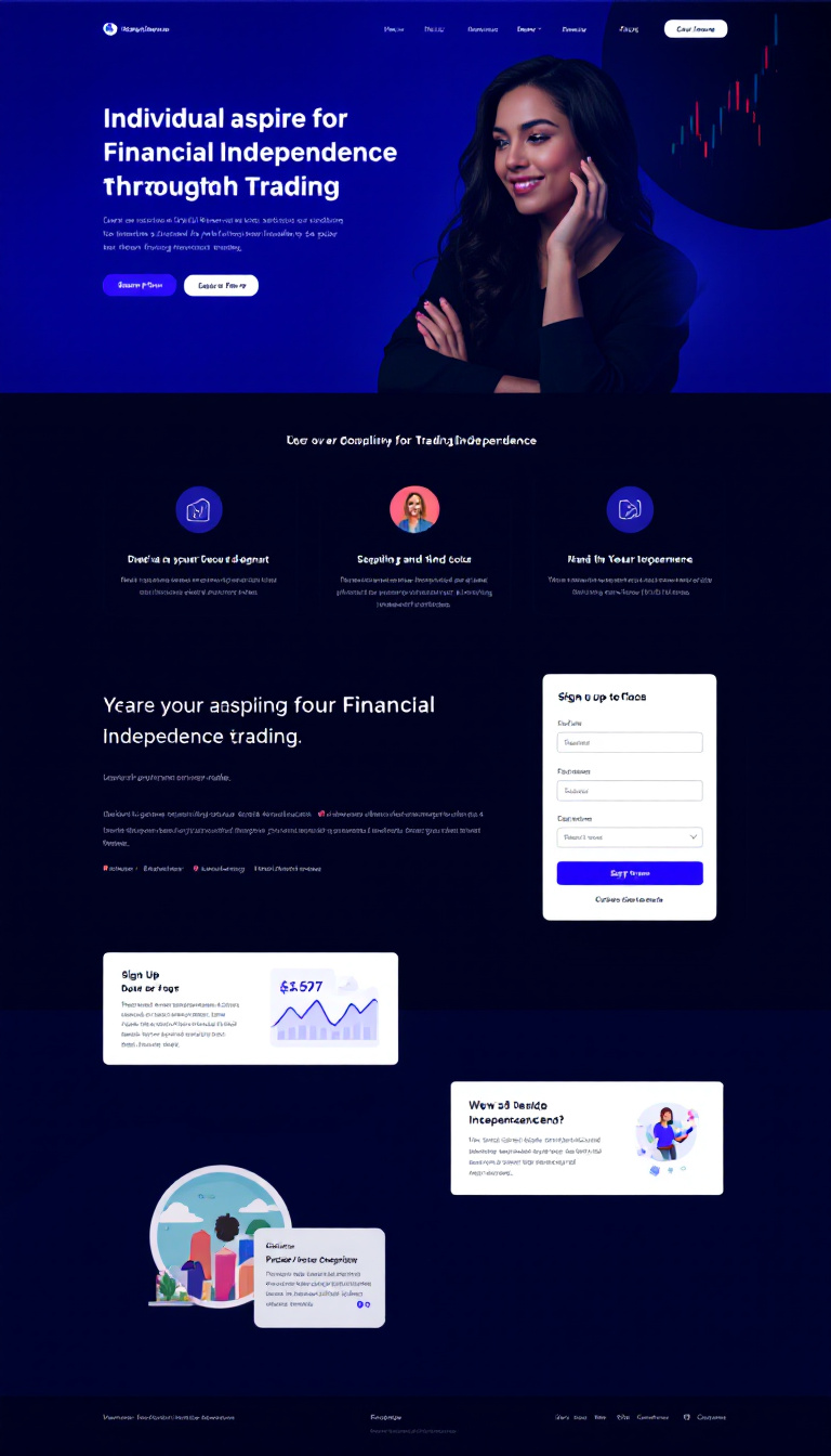 Design a clean and modern one-page website for TradingIndependence.com, focusing on individuals aspiring for financial independence through trading. Include a sign-up form and a section outlining pricing plans.