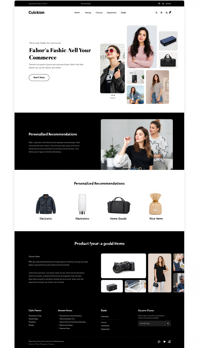Design a simple and clean one-page e-commerce website showcasing fashion, electronics, home goods, and niche items. Include sections for personalized recommendations, product reviews, deals, and a secure checkout process.