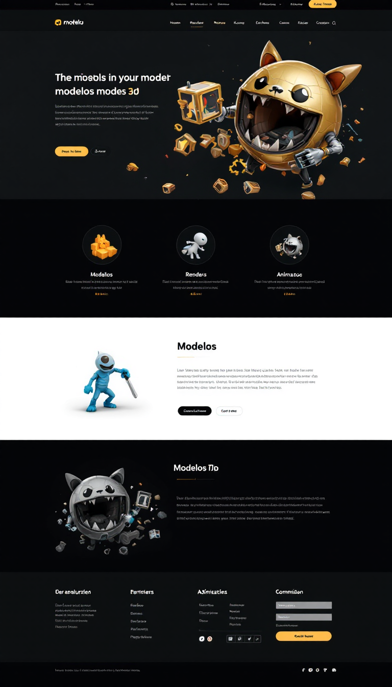 Crie um site interativo e responsivo onde eu, como administrador, possa postar modelos 3D. Os visitantes poderão visualizar e comprar esses modelos, com informações de preço e métodos de pagamento. O site deve incluir um header com meu logotipo e botões como "modelos", "sobre", "renders", "animações", "em breve" e "commision", além de um footer com links para minhas redes sociais.