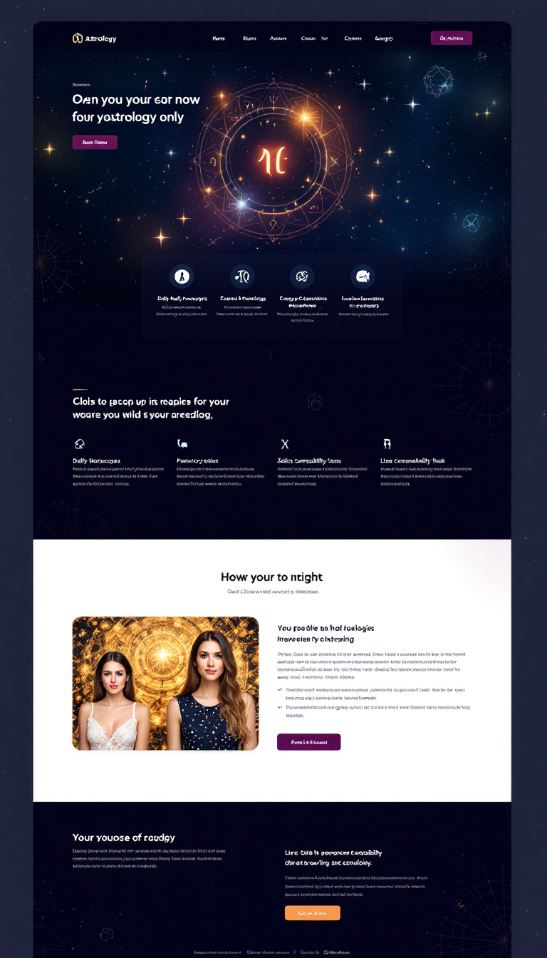 Design a modern one-page astrology website featuring a cosmic theme with dark colors and glowing celestial elements. Include sections for daily horoscopes, personalized readings, zodiac compatibility tools, and live chat with astrologers, all while ensuring user-friendliness and responsiveness across devices. Incorporate stars, constellations, and mystical patterns for a captivating cosmic aesthetic.