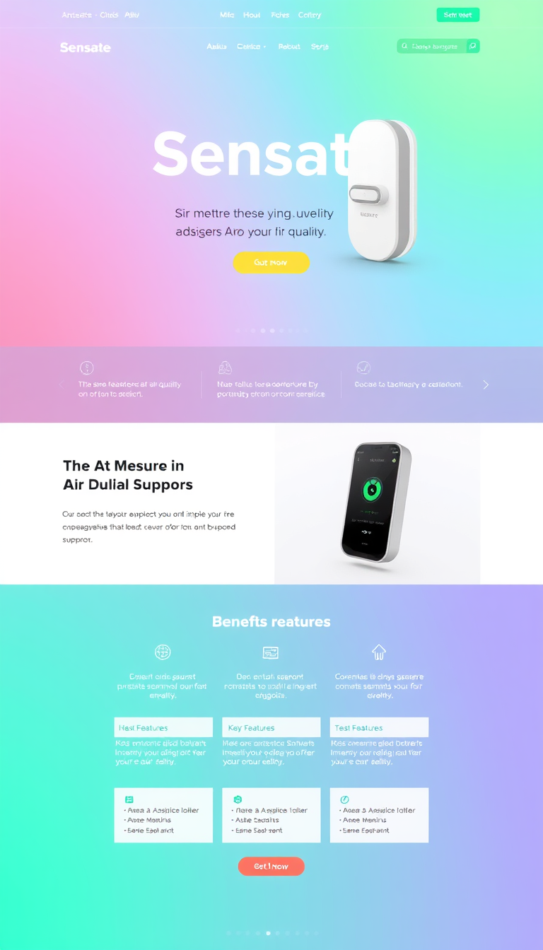 Design a one-page presentation website for "Sensate," a device that measures air quality. The site should feature a modern and clean layout, highlighting key features, benefits, and a vibrant call-to-action.