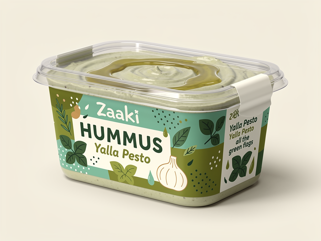 Create a high-quality, retail-ready product mockup of Zaaki “Yalla Pesto” Hummus in a rectangle, transparent plastic container with a rectangle lid, suitable for U.S. grocery stores.
The design should feel fresh, energetic, and vibrant, with a playful twist on a familiar flavor. Modern, green, and full of personality.
The word “HUMMUS” must appear clearly on the front label, paired with the flavor name “Yalla Pesto.”
Include realistic FDA-required labeling elements (net weight, ingredients, allergen statement, nutrition facts panel placed on side or back).
Color emphasis:
Mint/teal #60C3AD
Olive green #A7A838
Off-white #FFFDF9 for contrast
The design should feel bold, playful, joyful, and rooted in Palestinian food culture, with expressive illustration and confident typography. Maintain the lively, graphic style shown previously — simple shapes, punchy color blocks, and friendly hand-drawn energy.
Illustrated elements should be simple, playful, and graphic — herb shapes, leafy marks, oil drips — avoiding ornate Mediterranean decoration or photorealistic collages.
The hummus inside is visible and is a little green.
Overall vibe:
Herby, bright, and fun
A little rebellious, very fresh
“All the green flags” energy
Avoid ornamental Mediterranean patterns, tiled motifs, or photographic ingredient collages. Keep illustrations simple, graphic, and intentional, acting as energy and texture rather than decoration.
Lighting should be clean and natural. The final image should feel fully shelf-ready, joyful, compliant, and unmistakably Zaaki — a product that looks exciting and legitimate in a U.S. grocery store.
take advantage of the lid to display part of the packaging