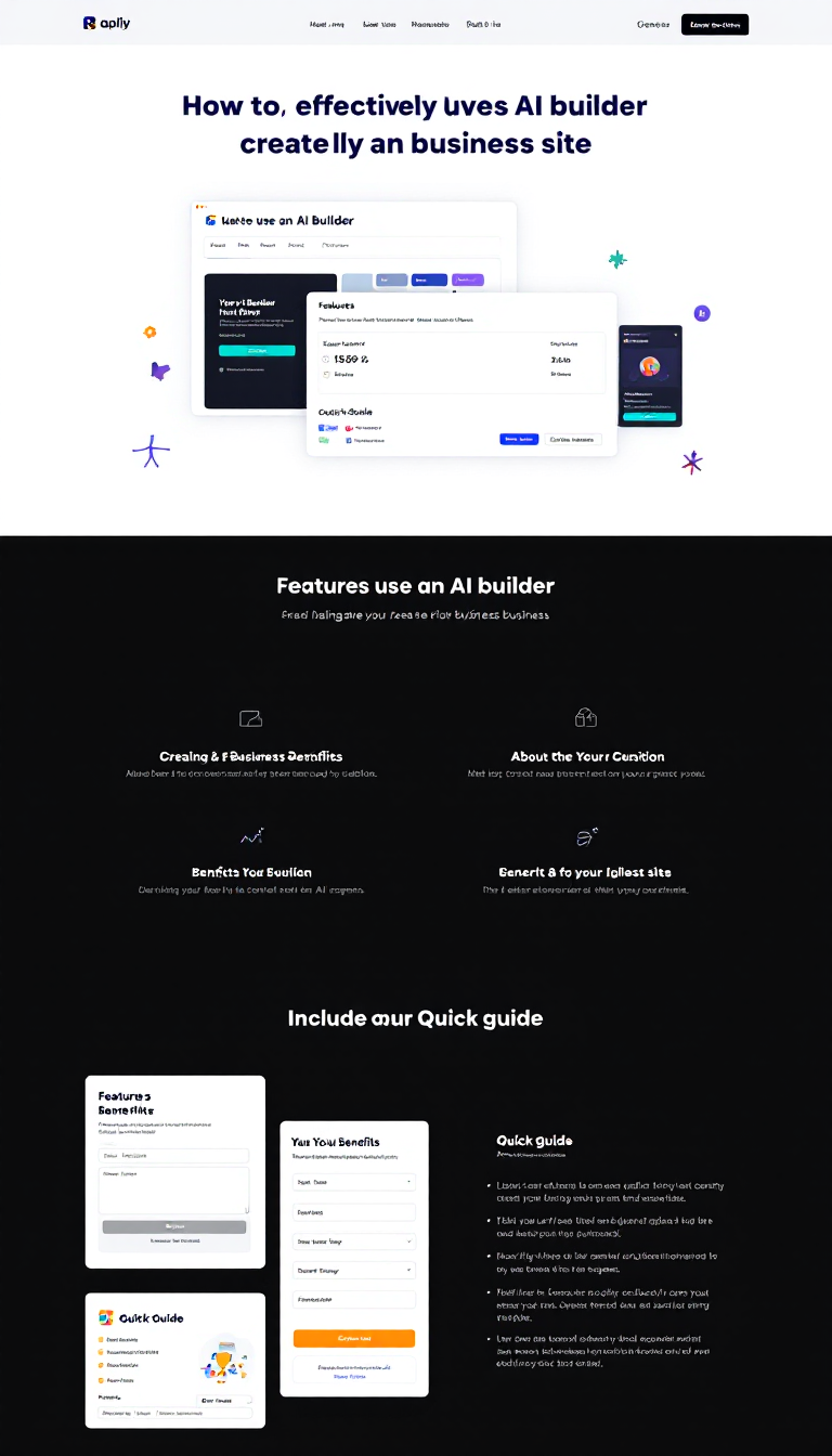 Design a simple one-page website showcasing how to effectively use an AI builder for creating a business site. Include sections for features, benefits, and a quick guide.
