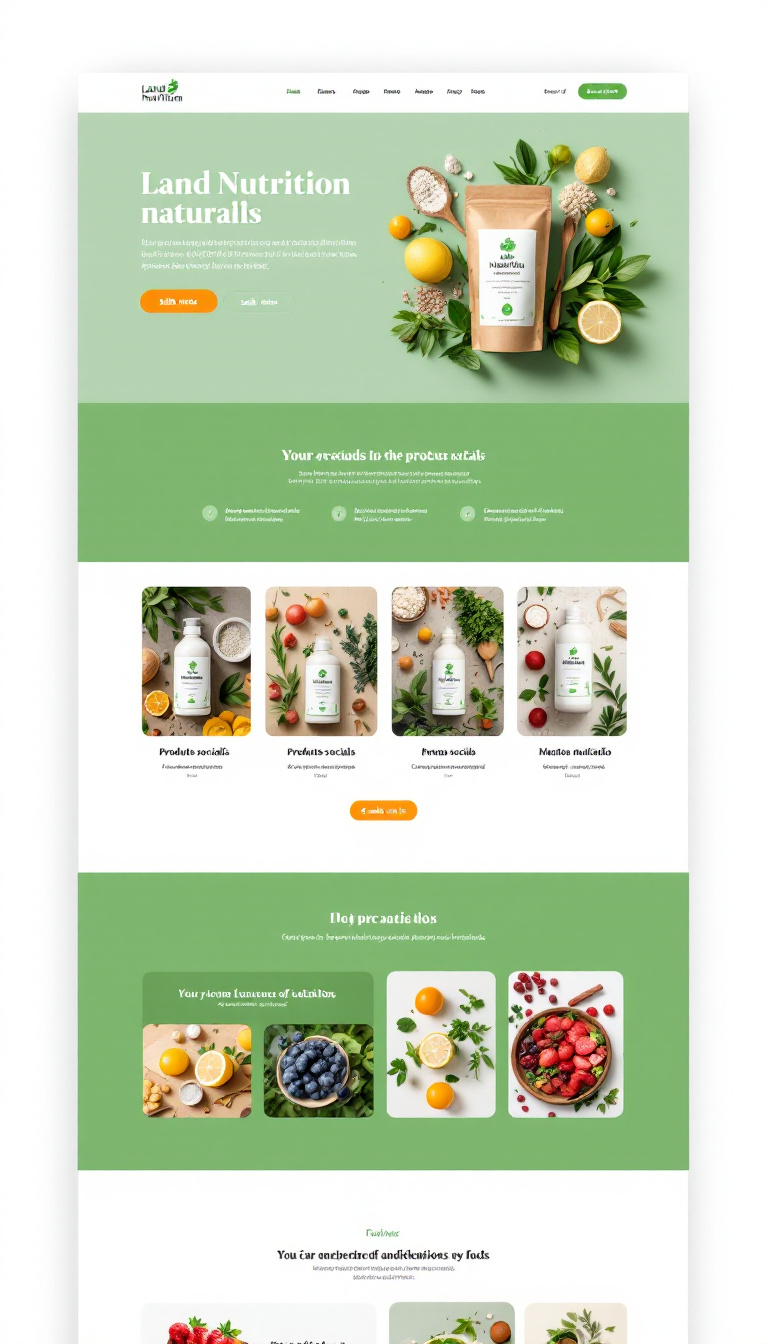 Crie um site de uma página para a loja "Land Nutrition", usando uma paleta de cores em verde claro, branco e neutras. O site deve apresentar sete produtos naturais, cada um com um botão para "saiba mais", levando a uma nova página com detalhes e provas sociais sobre cada produto, além de permitir edição e atualizações.