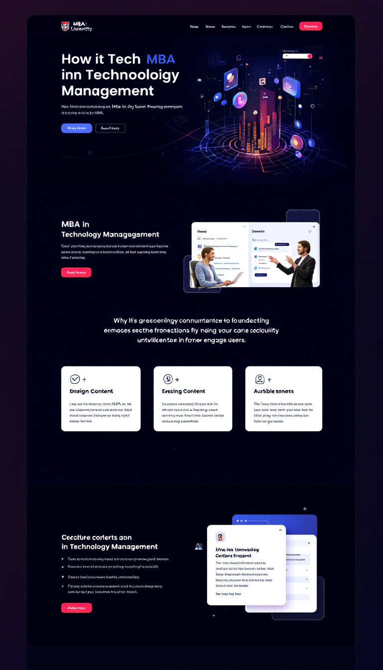Create a visually appealing one-page website for an MBA in Technology Management program with a modern dark theme, excluding a black background. The design should enhance existing content with trendy elements that engage users effectively.